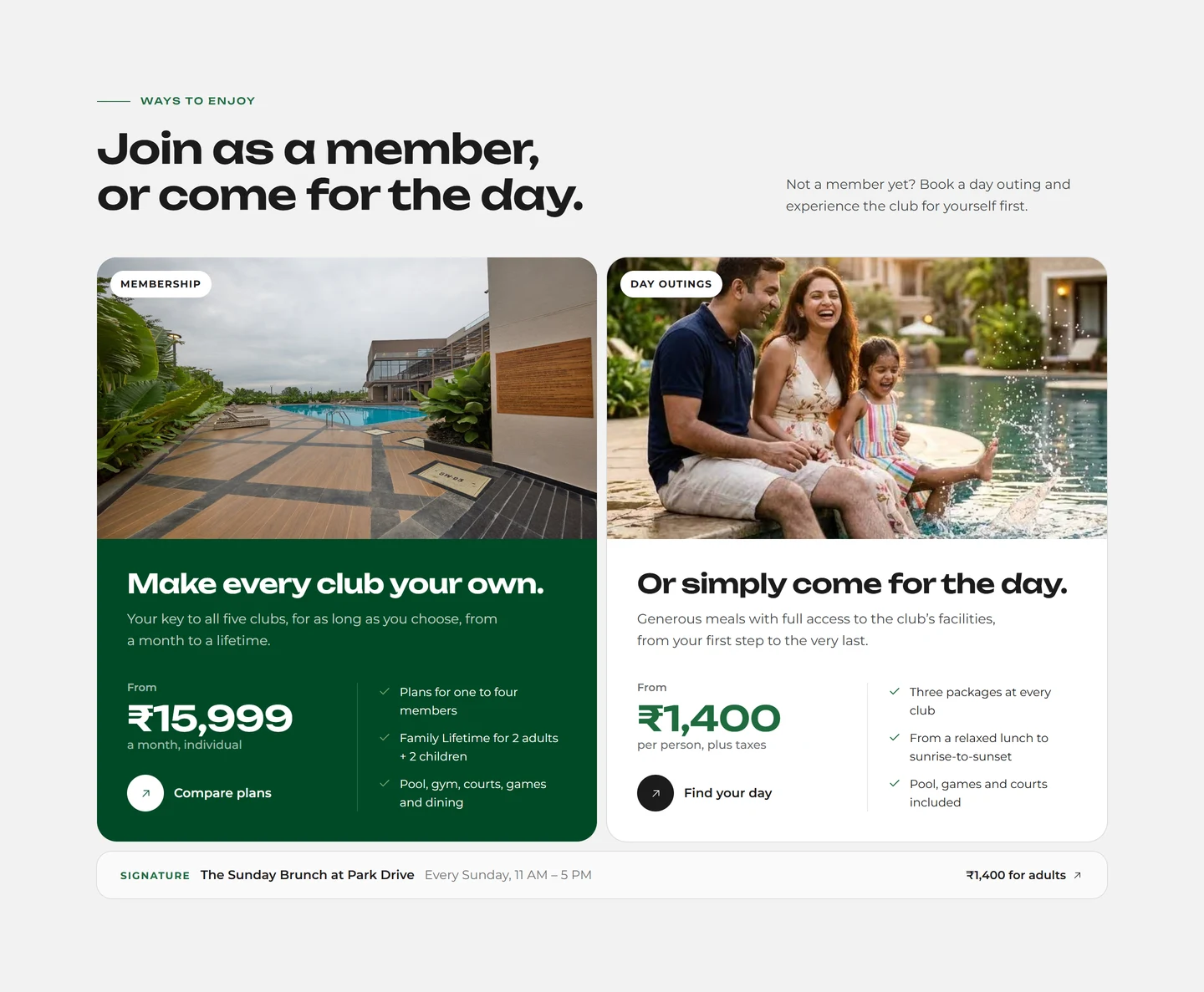 Ways-to-enjoy panels: Two photo-led panels, each carrying its own starting price and call to action.